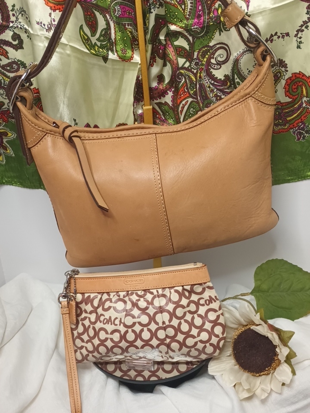 Coach Bundle - Tan Leather Hobo Bag with Signature Wristlet and Coach Dustbag